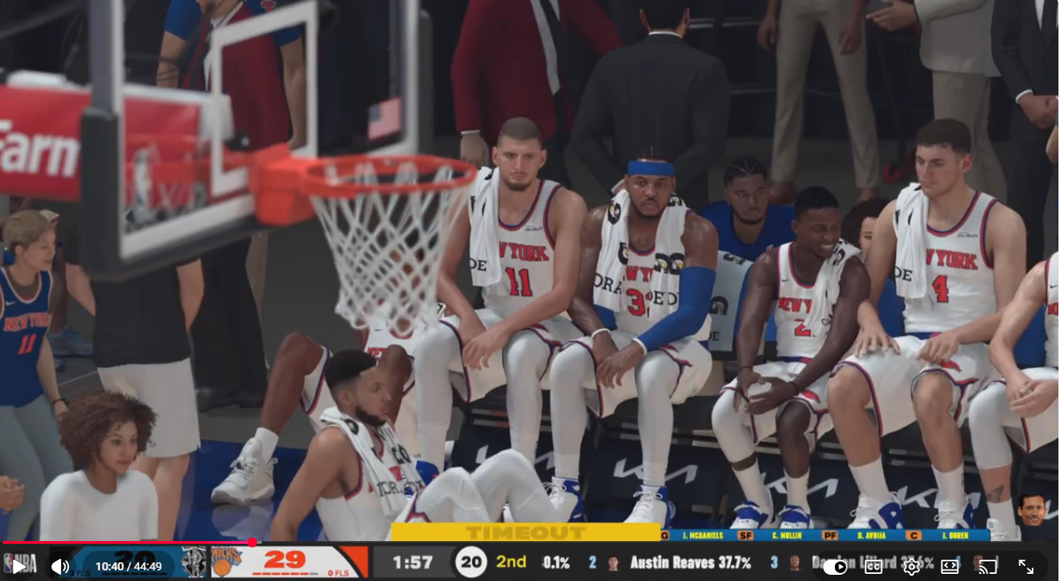 New York Knicks bench gathered during a second-quarter timeout in Game 3 against the Newark Riots.