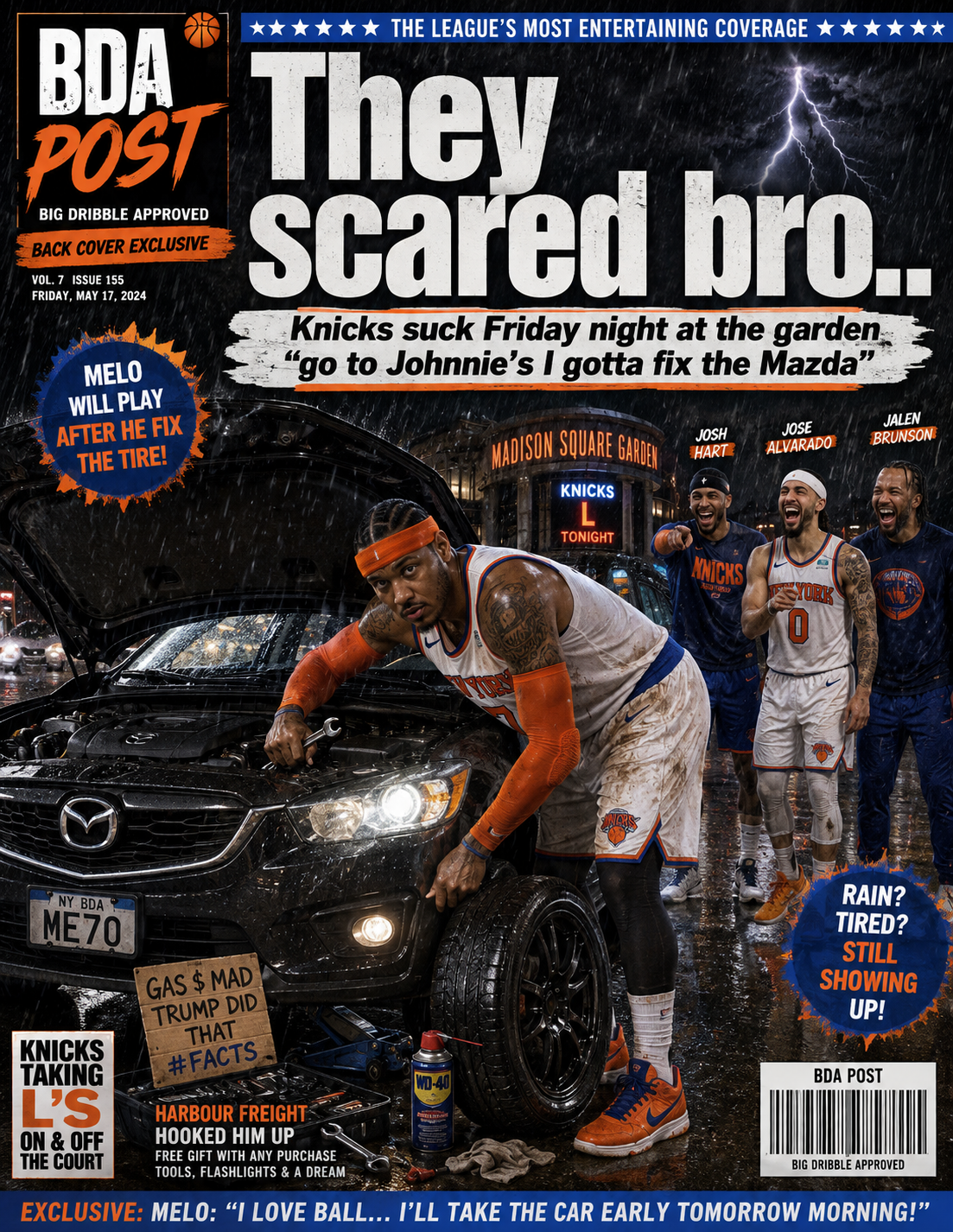 BDA Game 5 pregame promotional graphic titled They Scared Bro for Newark Riots versus New York Knicks.