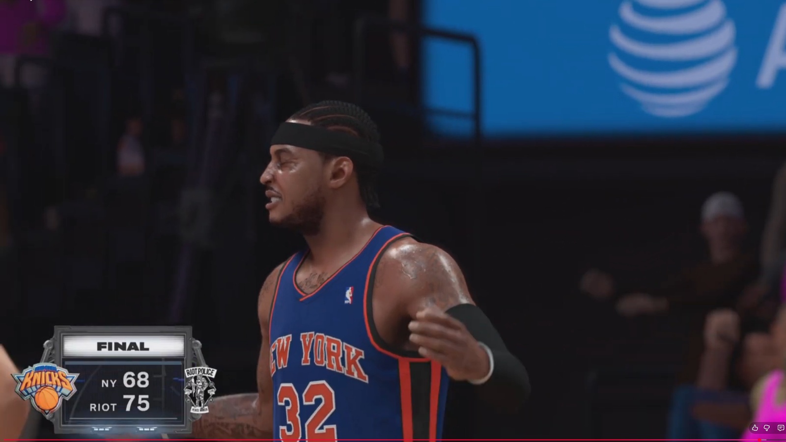 New York player reacting after the final scoreboard shows Newark 75, New York 68.